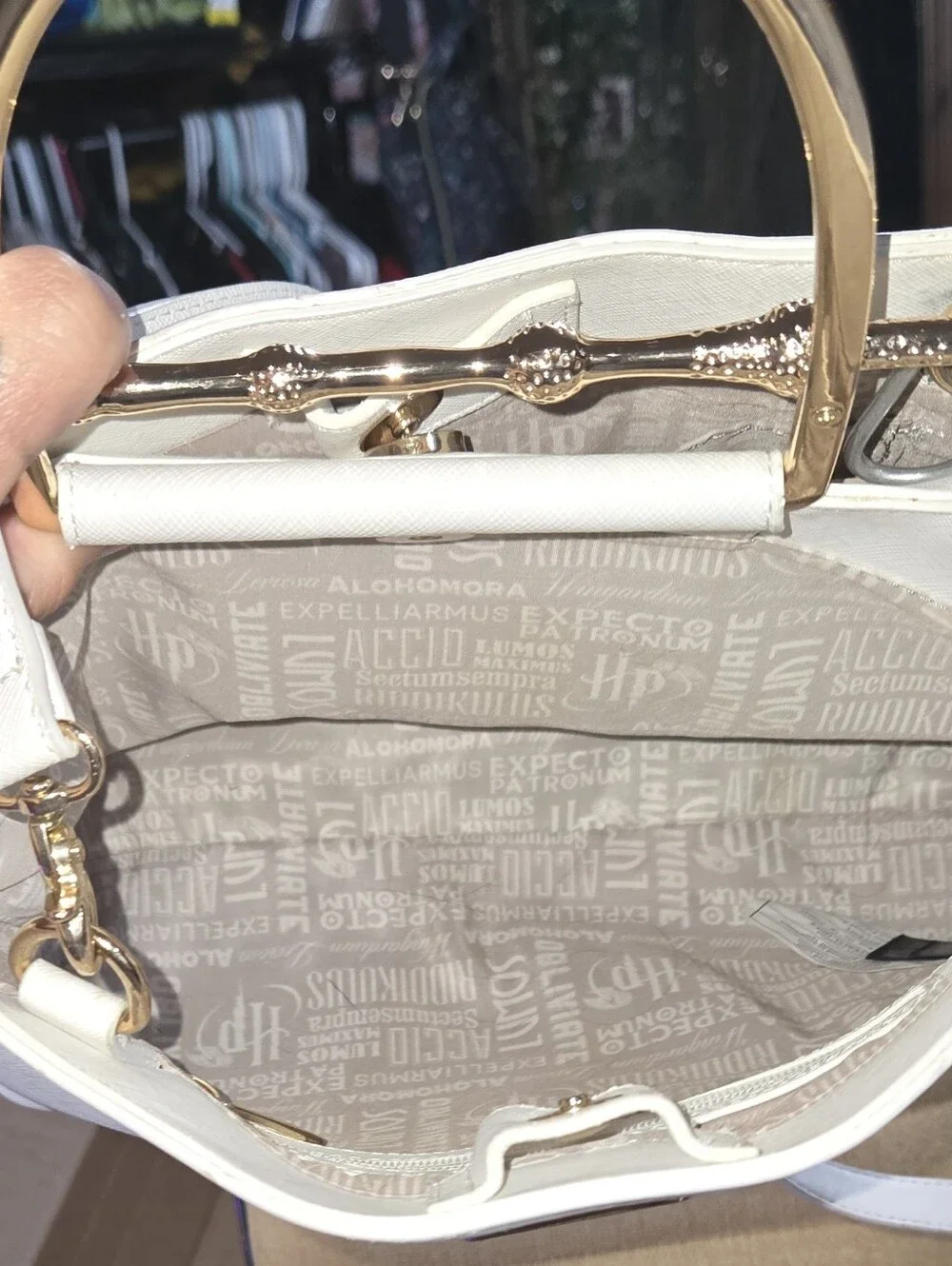 Loungefly White Satchel with Gold Wand-Style Hardware